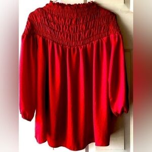 Cato Est. 1946 Crimson Red Ruched Shirred Top Draped Tunic Blouse Large 3/4 Slv